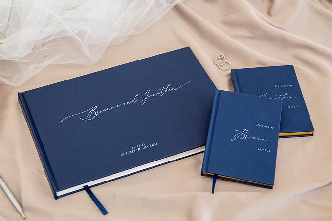 Personalized Wedding Book Set with Guestbook Vow Books (Design 1) - Custom Large 11.5 x 8.5 Guest Signin Book, 5.75 x 4 Vow Books for Marriage Ceremony Reception, Gift for Newly Engaged Couple, Navy - Image 6