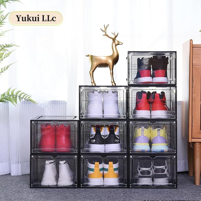 Large Black Shoe Storage Boxes Stackable, 12 Pack Hard Plastic Shoe Storage Organizer with Magnetic Door, Shoe Container Sneaker Storage Display Case Fit up to US Size 12 Black - Image 7