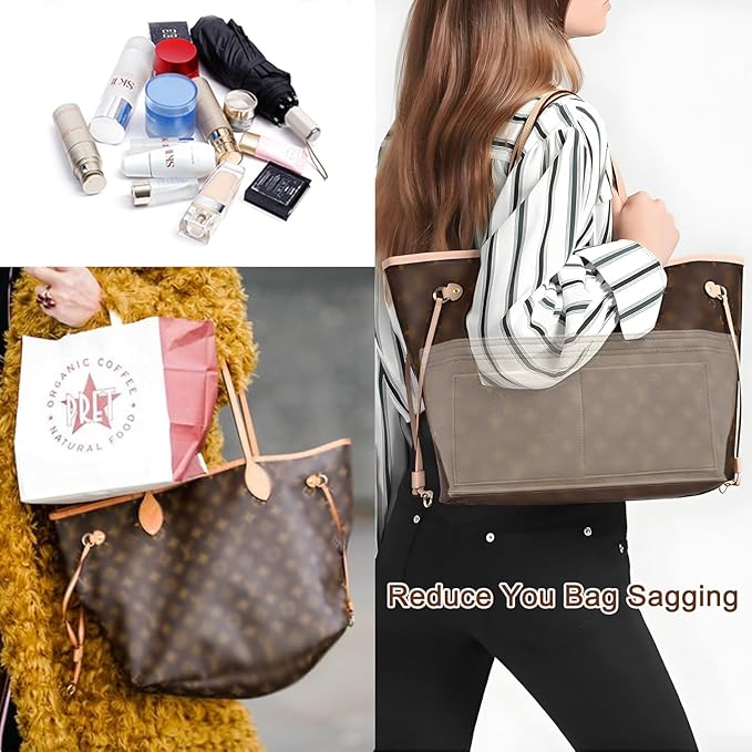 Tote Bag Organizer Insert with Base Shaper, Felt Neverfull MM Organizer, Purse Organizer Insert with Zipper Pocket and Bottle Holder, Fits Speedy 30 Neverfull MM Tote Handbags and More,Beige-L - Image 4