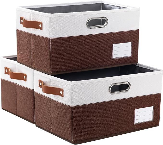 Foldable Storage Bins with Handles [3-Pack] Fabric Collapsible Storage Boxes Baskets Cubes Containers with Handles for Closet Living Room Bedroom (Brown & White 14.9x9.8x8.3'') by Prandom