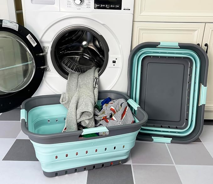 SAMMART 42 (11 Gallons) Collapsible Plastic Laundry Basket, Foldable Pop Up Storage Container/Organizer, Space Saving Hamper, Portable Bin for Dorm Room Bathroom (2, Grey/Lake Green) - Image 2
