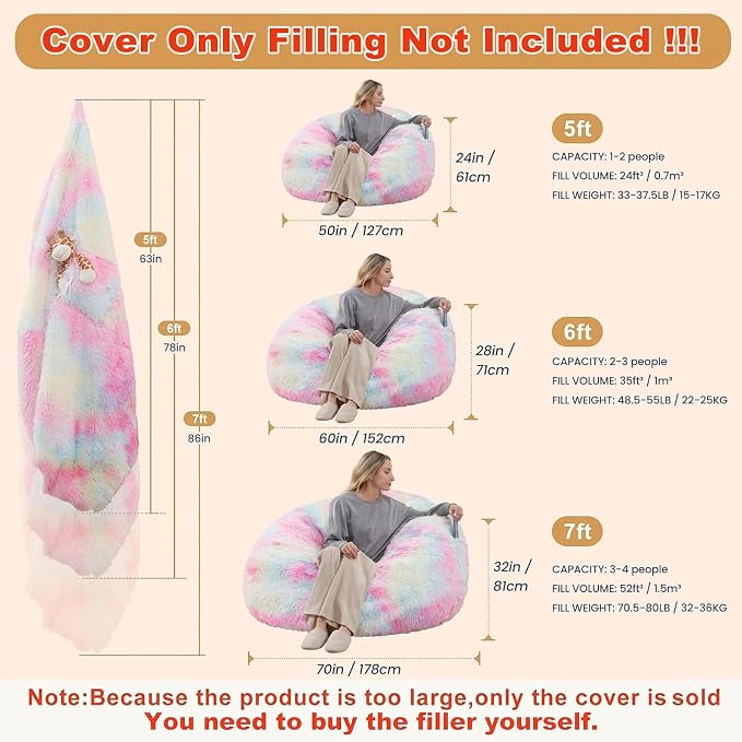 7FT Giant Fur Bean Bag Chair Cover, Ultra Soft Rainbow Bean Bag Chairs for Adults (No Filler, Cover only), Big Round Soft Fluffy Faux Fur Bean Bag Lazy Sofa Bed Cover, Washable Big Size Bean Bag Cover - Image 2