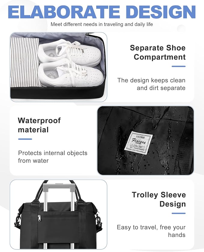 Travel Duffel Weekender Bag Women Tote Carry On Bags With Shoe Compartment | 18x14x8 inches Travel Overnight Bags with Trolley Sleeve for Airplanes Sport Tote Gym for Men Lightweight Daypack Black - Image 5