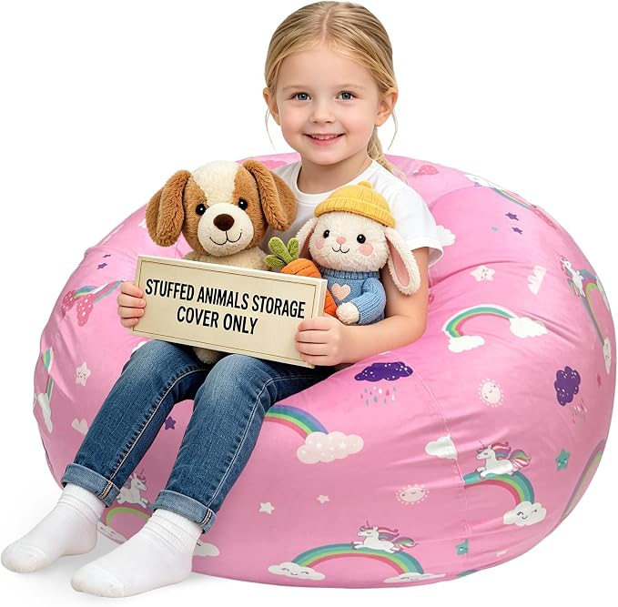 Lukeight Unicorns Stuffed Animals Storage Bean Bag Chair Cover for Kids Toddlers, Cozy Velvet Plush Toy Organizer Seat, Cover Only, No Filling Included, Long YKK Zipper, Side Pocket, Large 27 x 16 in by Lukeight