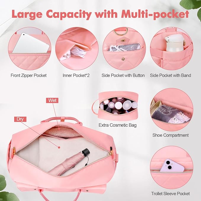 Travel Duffel Bag, Large Weekender Bag for Women with Shoe Compartment, Carry on Overnight Bag with Toiletry Makeup Bag, Gym Duffel Bag Travel Tote Bag for Travel Gym Camping Hospital, Pink - Image 4