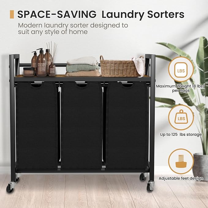 SwaaVee Laundry Sorter, Laundry Hamper 3 Section, 3×11.4Gal, Metal Frame Rolling Laundry Basket with Wooden Top Shelf, Pull out and Removable Laundry Bags, 3 Bags-Black - Image 8