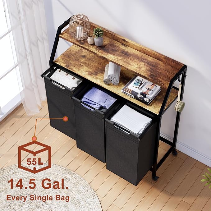 Laundry Hamper, Laundry Sorter 3 Section, Rolling Laundry Basket with Wheels, 2 Shelves, 3 × 14.5 Gal, Pull-Out and Removable Oxford Fabric Bags, for Laundry Room, Black and Rustic Brown - Image 2