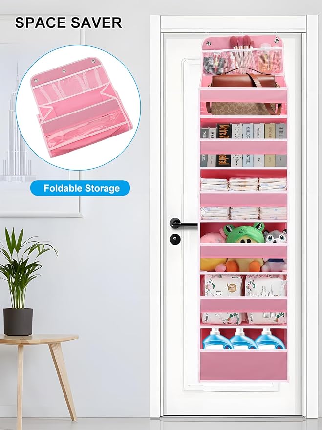 Over Door Hanging Organizer, No Tilt Baby Closet Organizer for Diaper Kids Toys, Hanging Organizer Storage for Newborn Essentials Nursery Bathroom (6 tier Pink) - Image 5