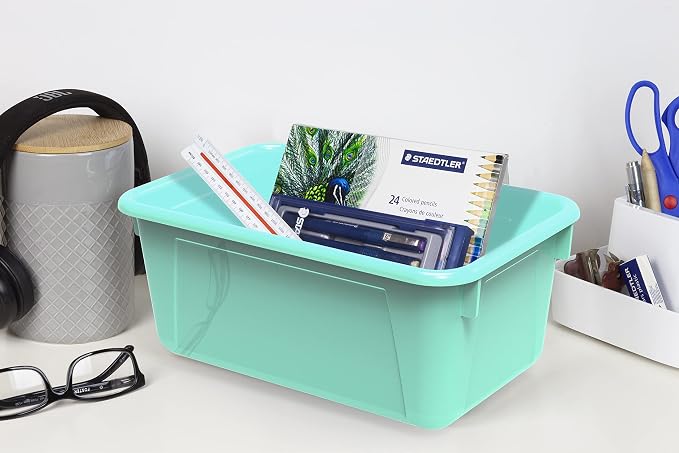 Storex Small Cubby Bins – Plastic Storage Containers for Classroom with Non-Snap Lid, 12.2 x 7.8 x 5.1 inches, Teal, 5-Pack (62412A05C) - Image 3