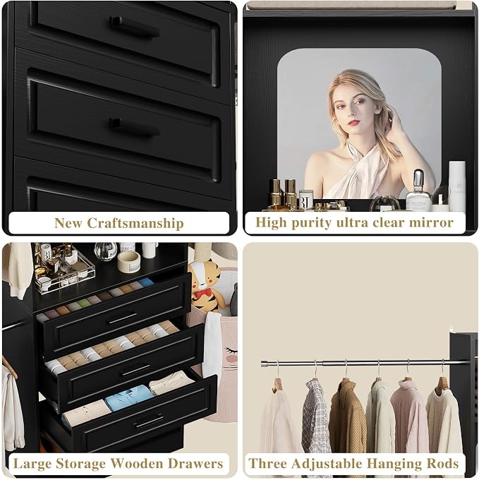 Unikito 6-14FT Wood Closet System with 6 Drawers and Mirror, Black | Sturdy walk-in organizer wardrobe for clothing, clothes rack with 3 hanging rods, freestanding garment storage tower. - Image 5
