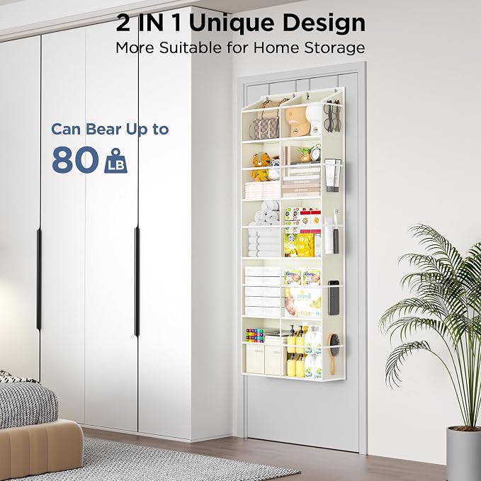 5-Tier Over The Door Organizer with 10 Side Mesh Pockets & Clear Windows, 80 lbs Weight Capacity Hanging Storage for Bathroom, Bedroom, Nursery, Kitchen, Organize Shoes, Diapers(Clear Beige) - Image 2