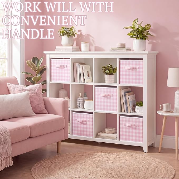 Yalikop 6 Pcs Pink Gingham Cube Storage Bins, 11 Inch Fabric Checkered Classroom Storage Bins Organizer with Handle Preppy Collapsible Cubby Basket for Classroom Home Nursery Playroom Bedroom - Image 4