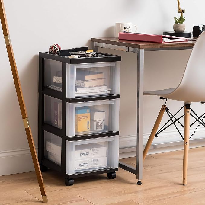 IRIS USA 3-Drawer Rolling Storage Cart, Black/Clear | Keep classroom supplies, teacher essentials, craft materials, and learning tools organized with easy-access drawers. - Image 2