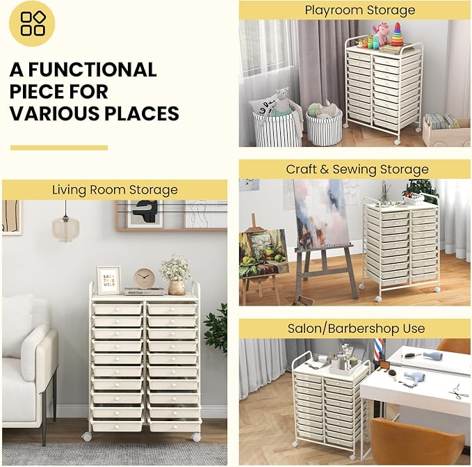 Giantex 20 Drawers Rolling Cart, Mobile Storage Drawer Cart, Classroom Organizer for Office School Supplies Tools Scrapbook Paper Craft Small Printer, Utility Stand on Wheels, Ivory White - Image 8
