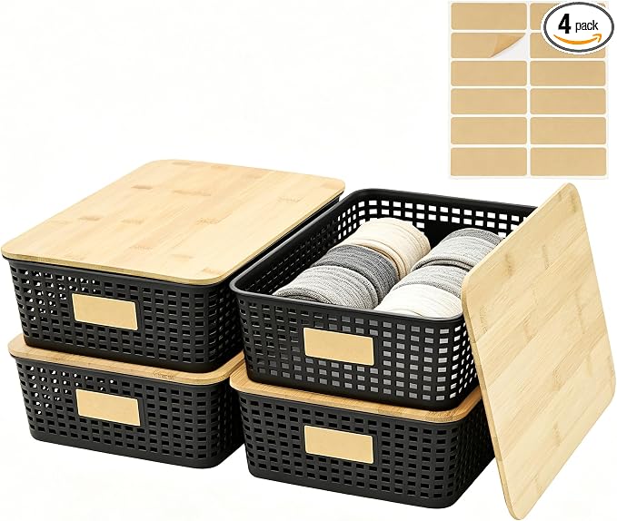 4 Pack Plastic Storage Bins with Bamboo Lids, 6.2qt Stackable Storage Organizer Box with Lable for Pantry Shelves Drawers Desktop Office, 12"L x 8.3"W x 3.5"H, Black by Bagnizer