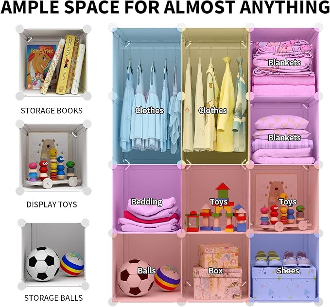 VIPZONE Baby Closet,Dresser, Kids Closet Organizers, Portable Kids Wardrobe for Closet, Bedroom, Nursery, Cubby, Cabinet, Clothes, Dress, Baby Storage Shelf, Armoire Clothes Hanging (12 Cube, White) - Image 5