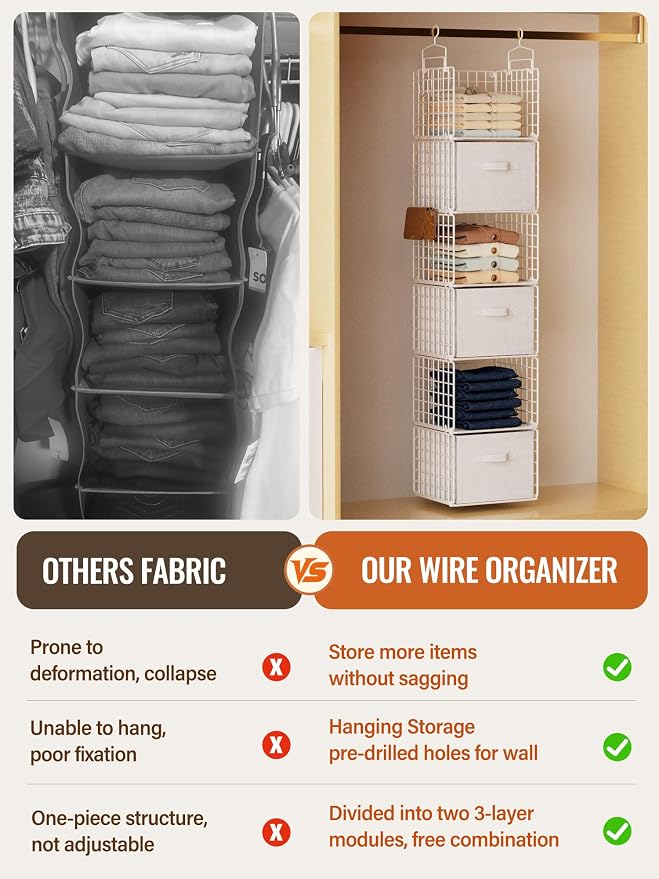 Closet Hanging Organizer with Drawers, 6 Tier Metal Closet Organizers and Storage with 4 Hanging Hooks 4 S-Hooks for Wardrobe Laundry Room, Wire Storage Shelf for Clothes Sweaters Pants (White) - Image 4