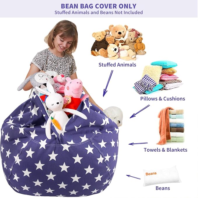Aubliss Stuffed Animal Storage Bean Bag Chair Cover (No Beans) | Stuff and Sit Storage Bean Bag for Kids Toy Storage, X-Large 48"-Canvas Stars Royal Blue - Image 3