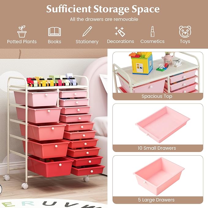 DREAMADE Rolling Cart with 15 Drawers, Rolling Drawer Organizer Cart w/Lockable Wheels, Removable & 2-Sized Storage Drawers, Art Cart for School Home Art Supplies Crafts File Scrapbook (Mixed Pink) - Image 4