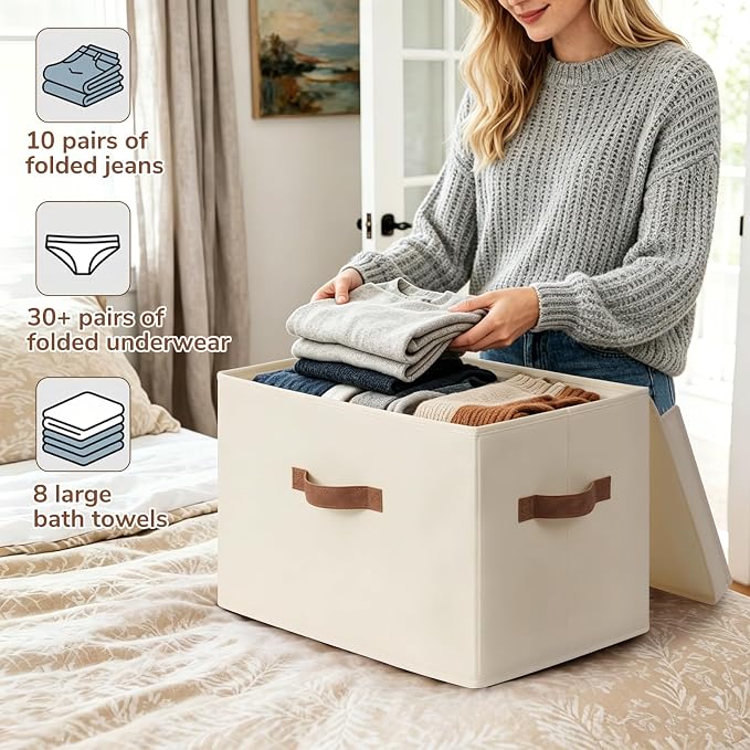 CHICVITA 4-Pack Large Fabric Storage Bins with Lids for Shelves, Ivory | 17.1" x 11.2" x 11.6" Decorative Storage Boxes with Handles for Clothes Fit Closet, Toy Box with Support Plate for Playroom - Image 5