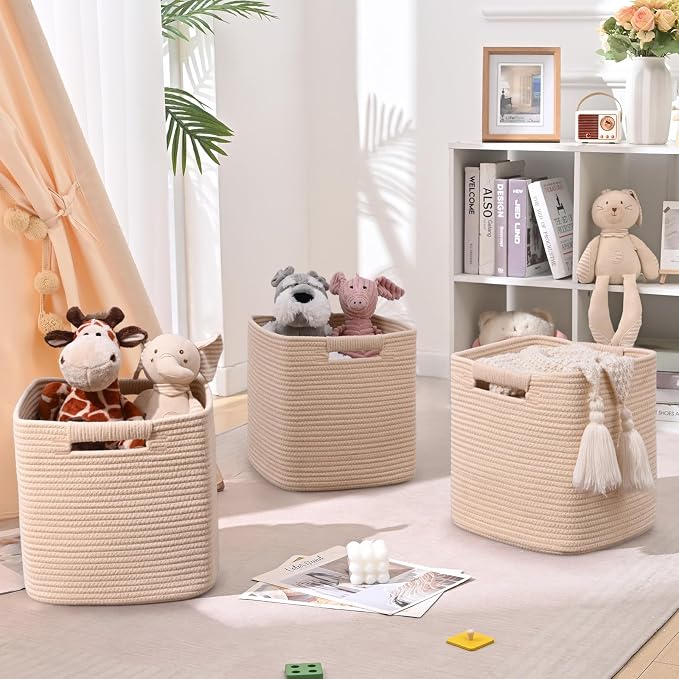 11 Inch Storage Cubes, 3 Pack Cube Storage Bins for Organizing, Cotton Rope Woven Baskets for Shelves, Bathroom, Kids Room, Closets, Baby Nursery - Image 3