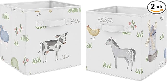Sweet Jojo Designs Farm Animals Foldable Fabric Storage Cube Bins Boxes Organizer Toys Kids Baby Childrens - Set of 2 - Watercolor Farmhouse Horse Cow Sheep Pig by SweetJojoDesigns
