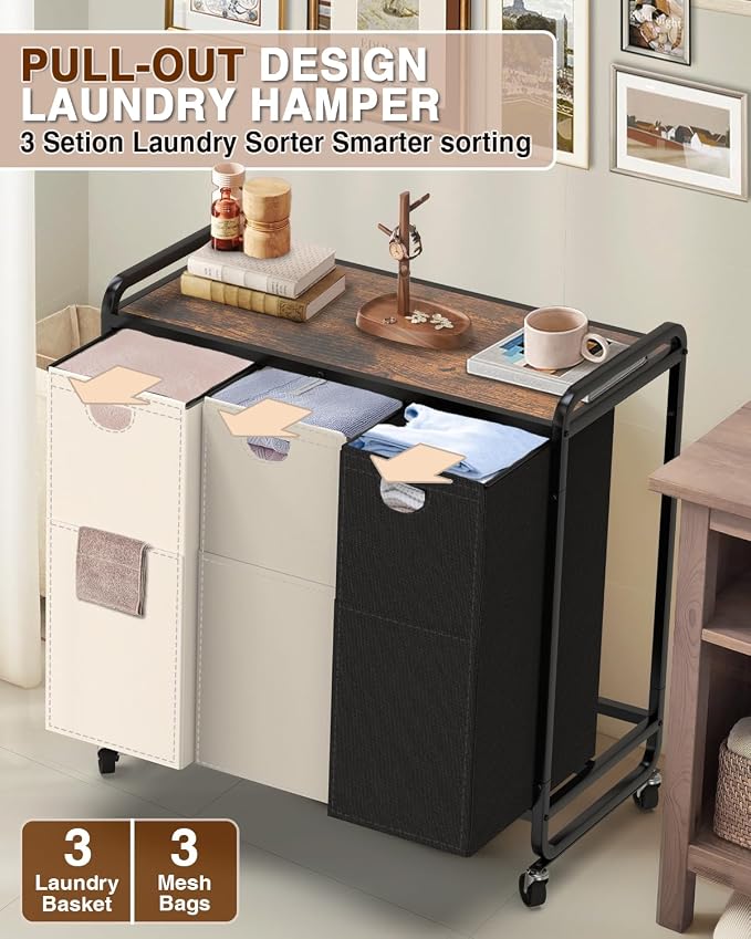 Laundry Sorter 3 Section,Laundry Basket with Wheels,3×15.8 Gal (60L) | Laundry Room Organization with Wooden Desktop Shelf,Pull-Out and Removable 900D Oxford Fabric Laundry Bags for Laundry Room - Image 4