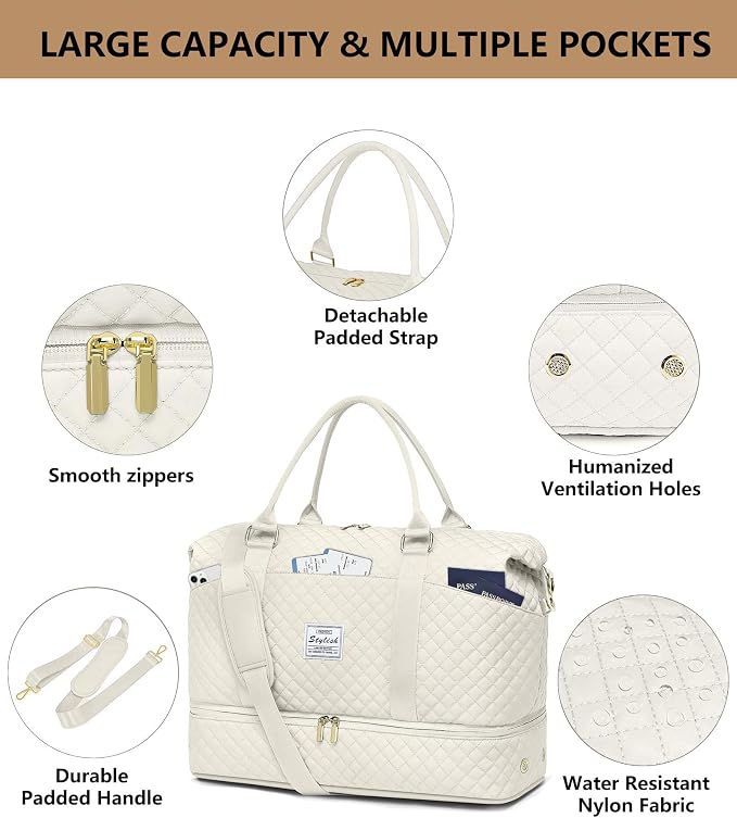 Women Weekender Travel Duffle Bag: Travel Duffel Overnight Bags with Shoe Compartment Large Carry on Tote Bag Toiletry Bag Weekend Yoga Gym Hospital Bags for Labor and Delivery with Wet Pocket Beige - Image 6