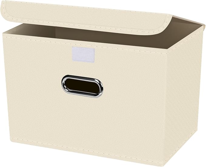 1-Pack Large Collapsible Storage Bins with Lids,Fabric Storage Cubes Organizer for Shelves,Closet,Nursery,Foldable Cube Storage Baskets with Handles,Home Boxes (14.9"x9.8",Creamy-White) by SEVENDOME