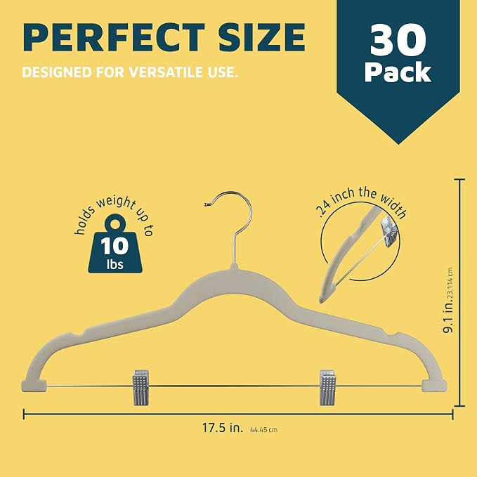 Lifemaster Velvet Skirt Hangers – with Adjustable Clips, 360 Degree Swivel Hook, and Non-Slip Shoulder Notch, Holds Up to 10 lbs, for Organizing Skirt, Pants, Dress, and Clothes, Pack of 30, Ivory - Image 2
