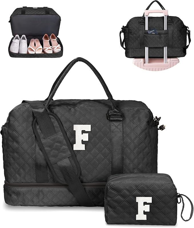 Gifts for Teen Girls-Initial Duffle Bag with Shoe Compartment | Personalized Weekender Bag, Monogram Overnight Bags, Letter Travel Bags with Makeup bag，Personalized Gifts (Letter F) by Vogewood