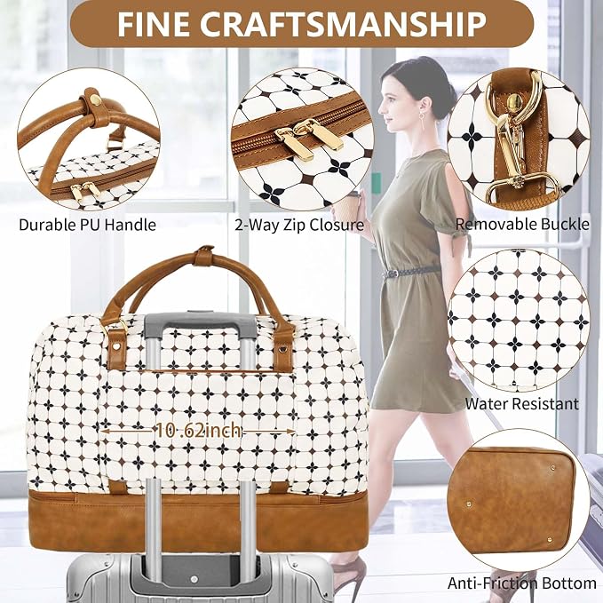 3PCS Weekender Bags for Women Large Overnight Bag, Brown Argyle | Weekender Travel Duffel Bags Carry on Shoulder with Shoe Compartment Toiletry Bag Satchel Bag for Travelling Business Gym - Image 2