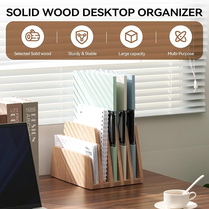 KIRIGEN Wooden Mail Organizer, 5-Slot File Holder for Desk, Natural 5K-NA | Five Upright Compartments Sort Mail, Bills, Folders, Papers, Notebooks, and Envelopes; 9.84 x 7.48 x 7.09 In, No Assembly - Image 2
