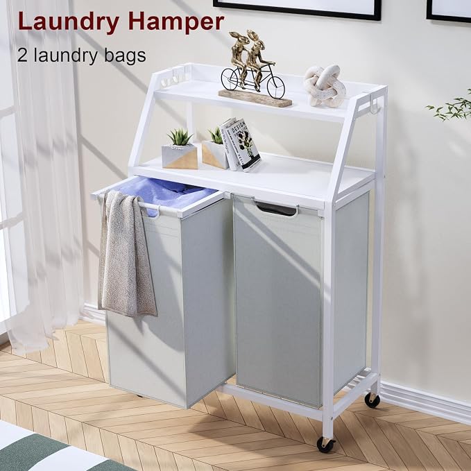 Laundry Hamper, Laundry Sorter 2 Section, Rolling Laundry Basket with Wheels, 2 Shelves, 2 × 14.5 Gal, Pull-Out and Removable Oxford Fabric Bags, for Laundry Room, White and Grey - Image 2