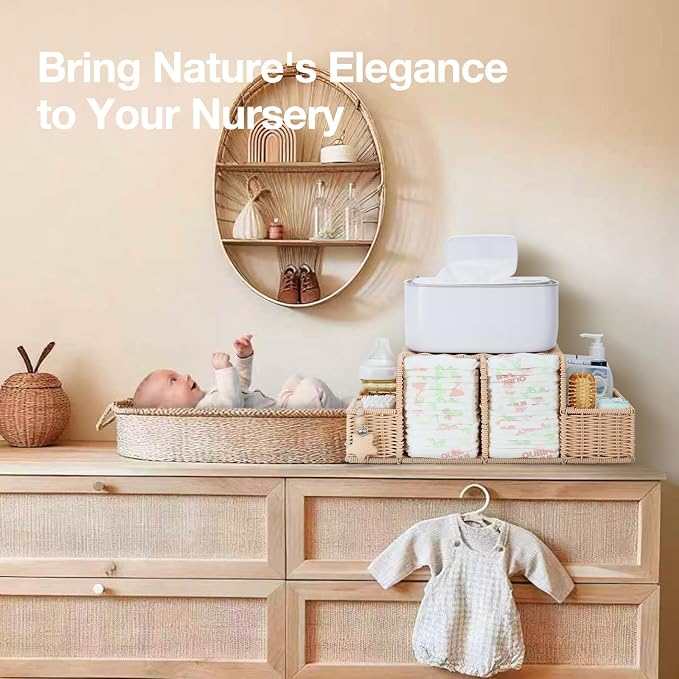 Diaper Caddy Organizer, Hand Rattan Nursery Storage Basket for Baby Essentials, Baby Changing Table Organizer Perfect Nursery Assistant - Image 3