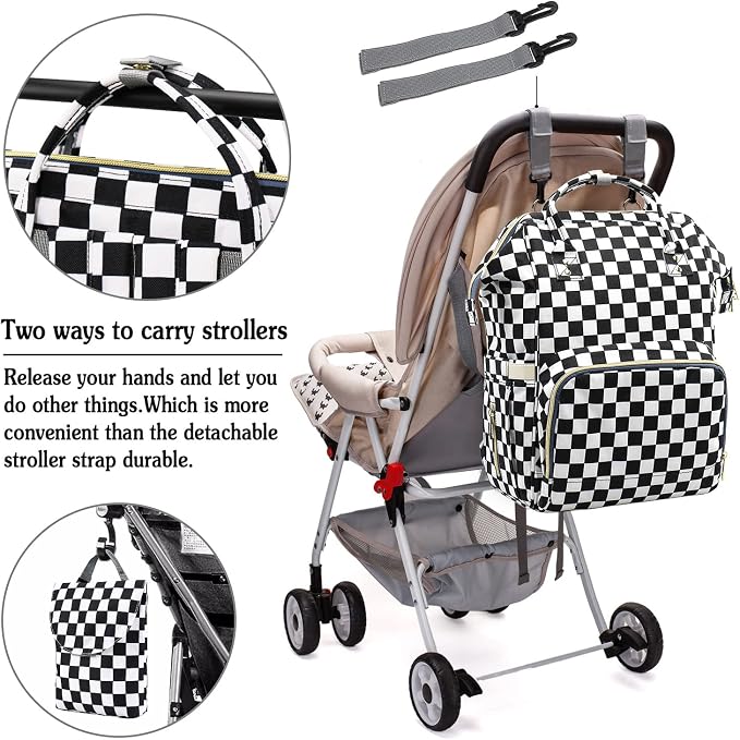 MCWTH Checkered Diaper Bag Backpack Set for Baby Girls Mom, Large Capacity Multi-Function Nappy Bags Organizer - Image 7