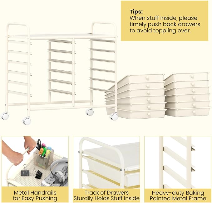 Giantex 12 Drawers Rolling Cart, Mobile Storage Drawer Cart, Classroom Organizer Cart for Office School Supplies Tools Scrapbook Paper Craft Small Printer, Utility Cart on Wheels, White - Image 6