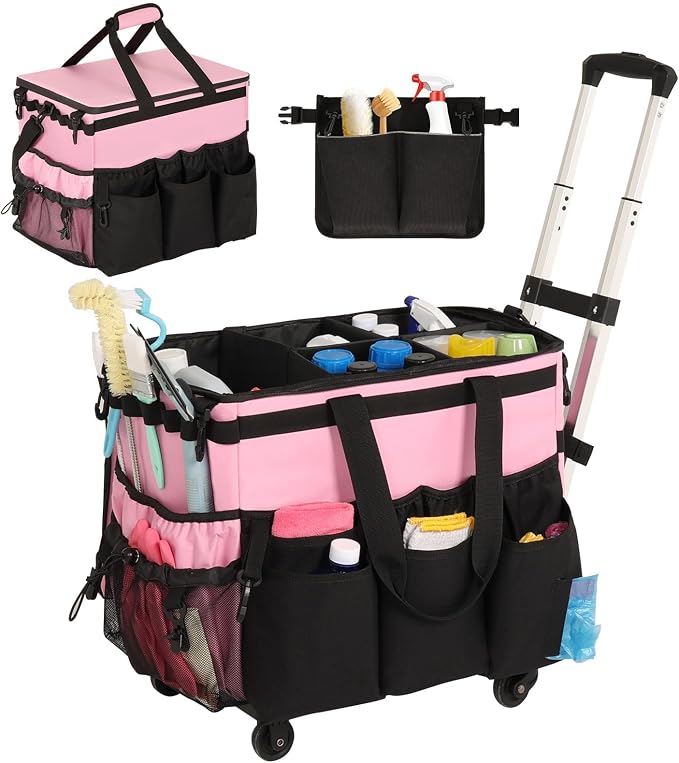 Large Rolling Cleaning Caddy with Cleaning Caddy Apron, Pink | Cleaning Caddy Bag with Detachable Trolley, Handles and Shoulder Strap, Cleaning Supplies Organizer for Cleaners Housekeepers by OUDUCK
