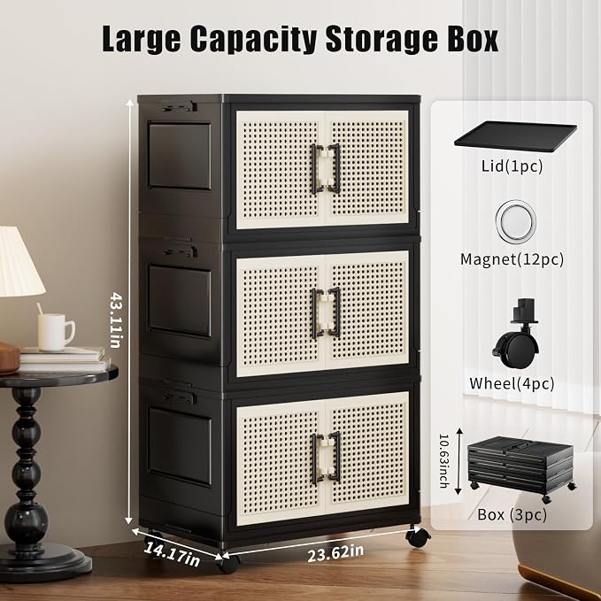 Storage Bins with Lids, Stackable Storage Containers with Lids, Collapsible Plastic Bins, Closet Organizers and Storage with Wheels and Magnetic Door for Home Office Dorm (3 Pack) - Image 3