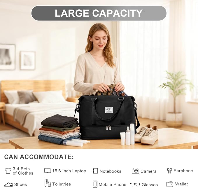 Travel Duffel Weekender Bag Women Tote Carry On Bags With Shoe Compartment | 18x14x8 inches Travel Overnight Bags with Trolley Sleeve for Airplanes Sport Tote Gym for Men Lightweight Daypack Black... - Image 5