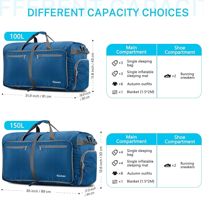 Gonex 100L Foldable Travel Duffle Bag with Shoe Compartment, Lightweight | 210D Nylon, Water-Repellent, Folds Compact, Multiple Pockets, Luggage Sleeve,Family Travel & Camping, Deep Blue - Image 3