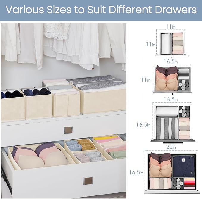 Drawer Organizer Clothes,16 Pack Underwear Drawer Organizers, Foldable Closet Organizers and Storage Dresser Drawer Dividers Clothing Organizer for Clothes, Socks, Scarves, Bra, Ties (Beige) - Image 6