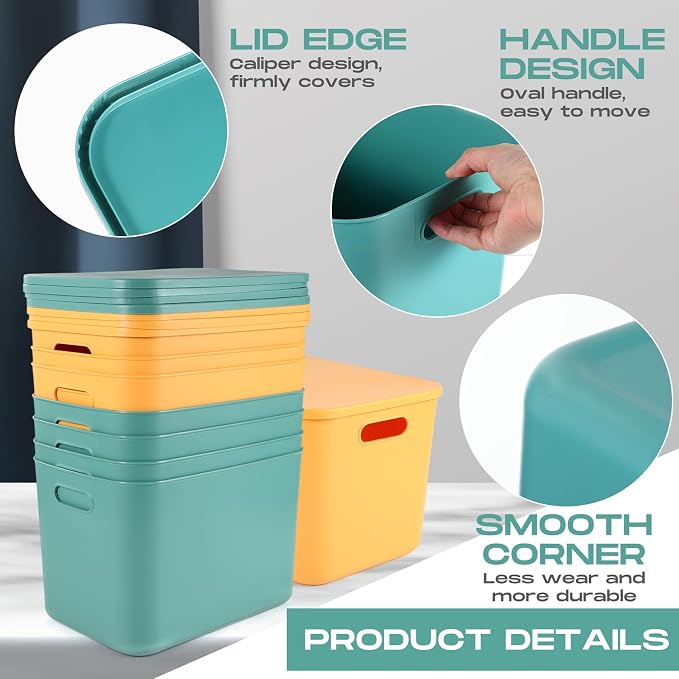 8 Pack Storage Bins, 14.2 X 10.2 X 9.5 Inch Green and Yellow | Plastic Stackable Containers with Lid Handle, For Shelves Desktop Playroom Office, Organizing Toys Books Supplies Storage - Image 3