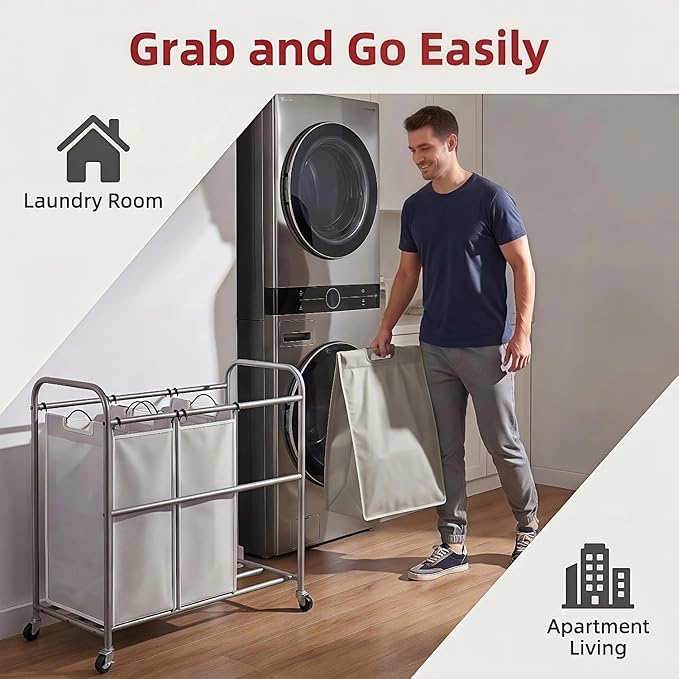 ROMOON Laundry Sorter Hamper 3 Section, Divided Laundry Basket Organizer | Rolling Clothes Hamper with Heavy Duty Lockable Wheels and Removable Bags for Apartment, Dorm & Family, 135L, Neutral Gray - Image 6