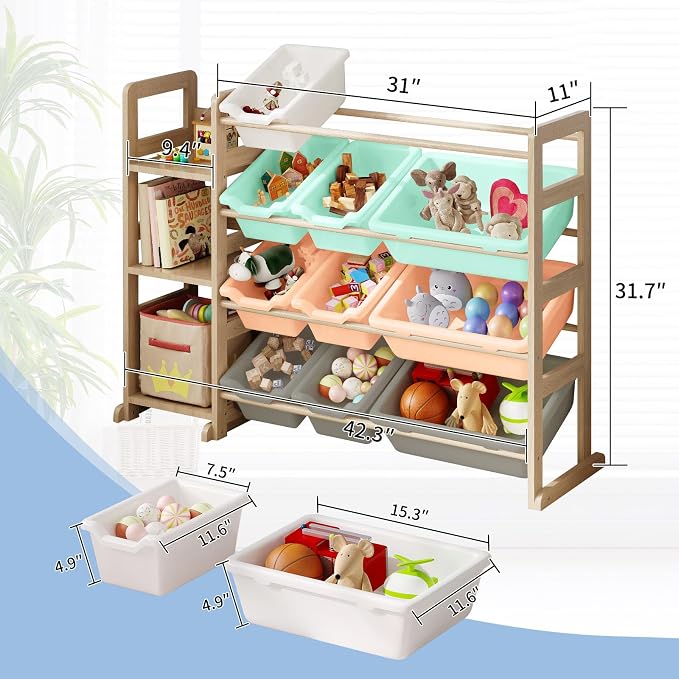 Toy Storage Organizer - Toy Organizers and Storage with Bookshelf, Toy Storage Shelf with 3 Shelves and 12 Storage Bins, Kids Bookshelf and Toy Storage for Kids Room, Playroom, Nursery, Multi color - Image 2