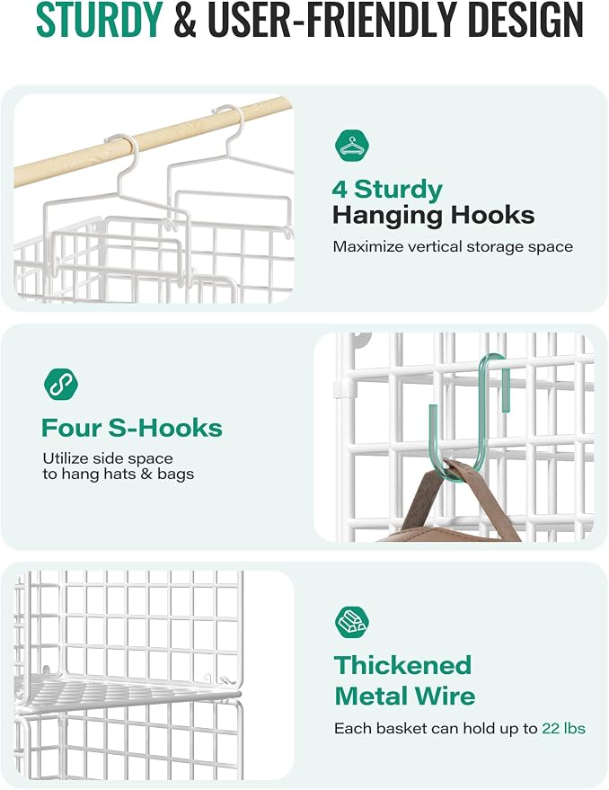 Hanging Closet Organizer, 4 Tier Metal Closet Organizers and Storage with 4 Hanging Hooks 4 S-Hooks for Wardrobe Laundry Room, Wire Storage Shelf for Clothes Sweaters Pants (White) - Image 4