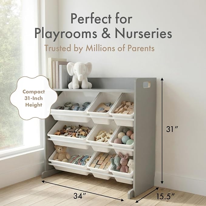 Humble Crew Kids Toy Organizer with Display Shelf, 9 Bins, 3 Tier Storage | Sturdy wood and steel toddler shelf, removable BPA-free containers, wall anchor anti-tip safety kit for bedroom or classroom - Image 3