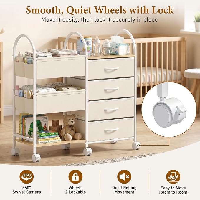 Baby Organizer and Storage Cart, 4-Tier Rolling Utility Cart with Wheels, Dividers and Drawers, Easy to Assemble for Nursery, Bedroom & Changing Table, White - Image 6
