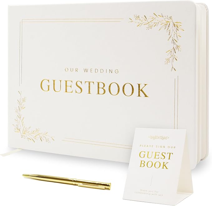 Floral Embossed Wedding Guest Book Set - 9 x 7.5 Hardcover Guestbook for Wedding Reception Sign in, Messages, Bridal Shower Engagement Party (White Cream) by ModernAlbumDesigns
