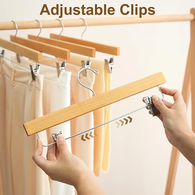 BAGAIL 20 Pack Wooden Pants Hangers with Adjustable Clips, 360°Swivel Hook Space Saving Skirt Holders with Anti-Rust Clips for Trousers, Jeans, Shorts (Natural) - Image 3
